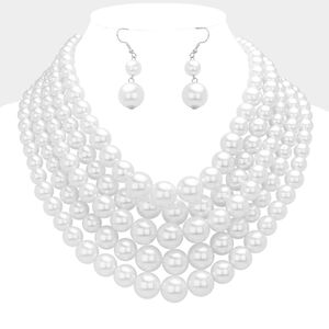 White Pearls Beaded Statement Chain MultiStrand Layered Bib Necklace Set